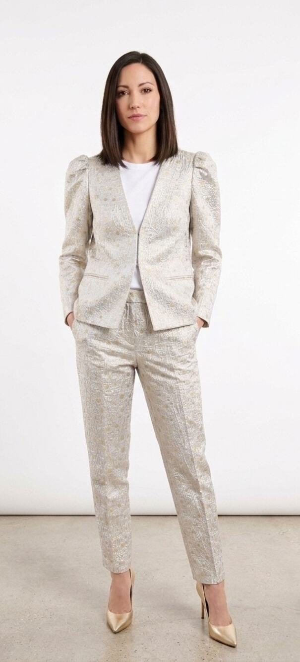 Trina Turk Metallic Floral Brocade Pantsuit Set Gold Silver Womens Size 6 EUC